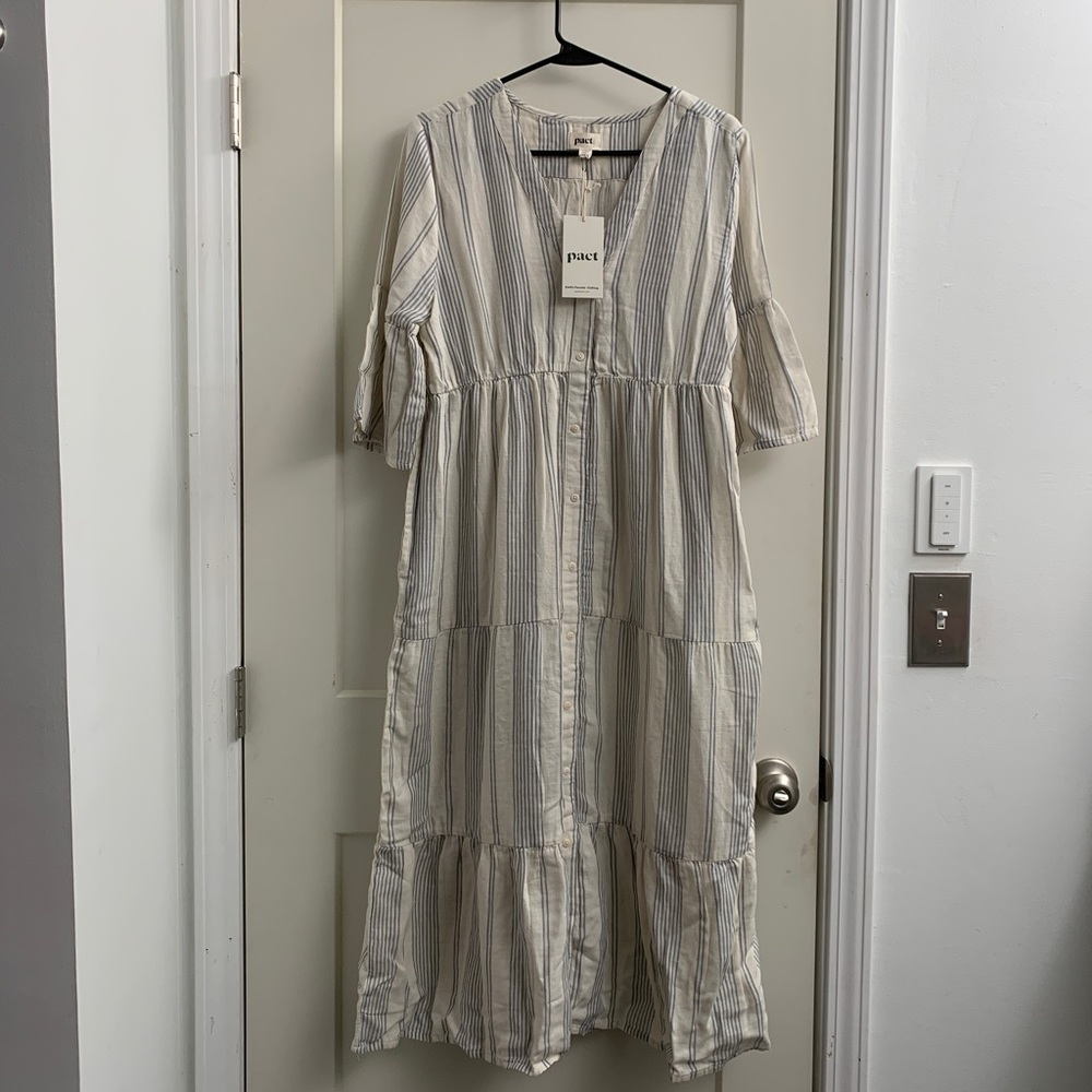 Pact Organic Cotton. Women's East Coast Stripe The Coastal Midi Dress. Medium.